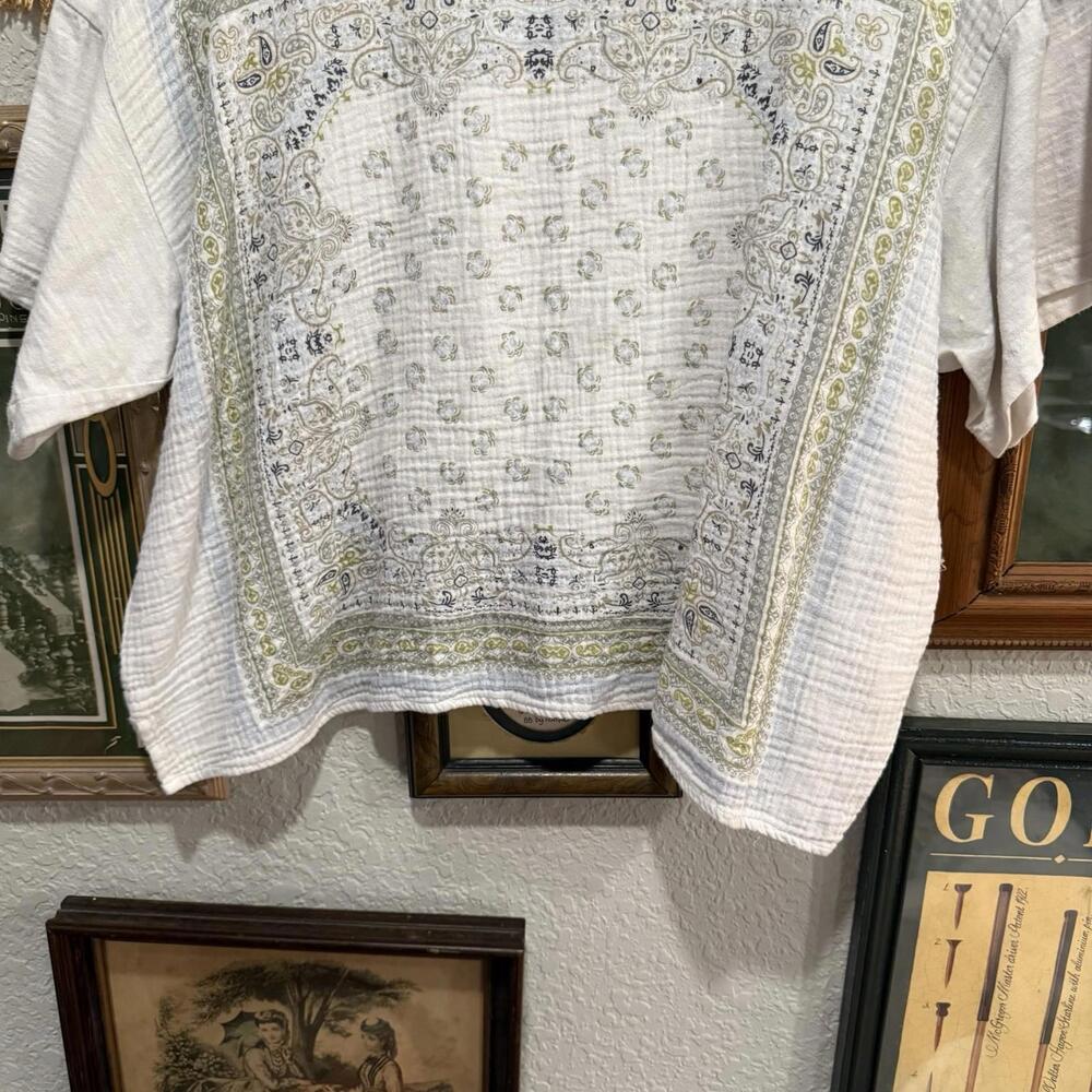 NWOT Fab'rik Tan and White Checked T-Shirt Women’s Designer Linen Blouse Small - Picture 4 of 7